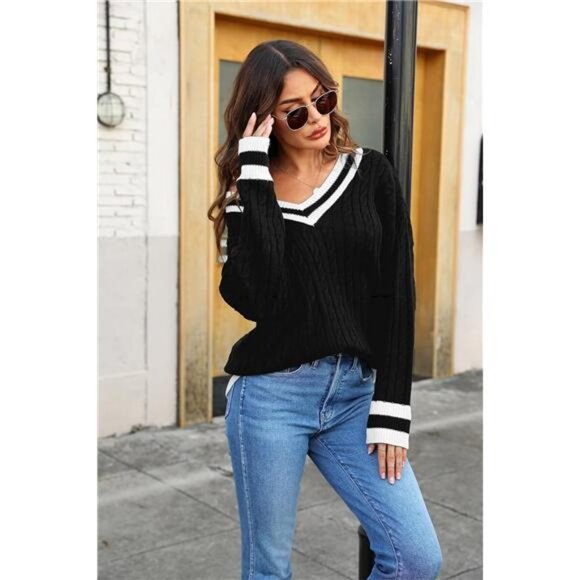 Women's Cable Knit V Neck Sweaters Casual Long Sleeve Pullover Striped - Picture 2 of 7
